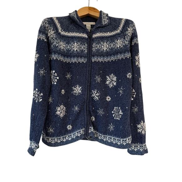 Caley St Clair L, Vintage Snowflake Zip Cardigan, Nordic Fair Isle Knit Blue - Picture 1 of 16